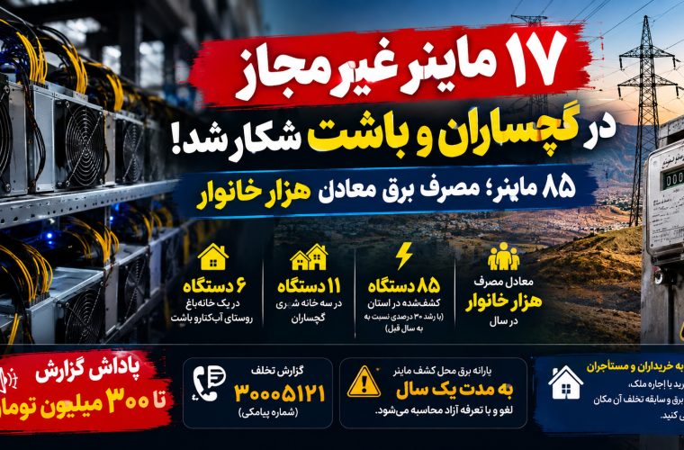 کشف ۱۷ ماینر غیرمجاز در گچساران و باشت؛ مصرف برق ۸۵ ماینر معادل هزار خانوار