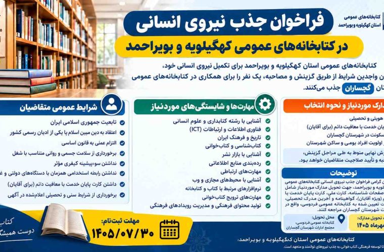 فراخوان جذب نیروی انسانی در کتابخانههای عمومی کهگیلویه و بویراحمد؛ استخدام یک نفر در گچساران فراخوان جذب نیروی انسانی در کتابخانههای عمومی کهگیلویه و بویراحمد؛ استخدام یک نفر در گچساران